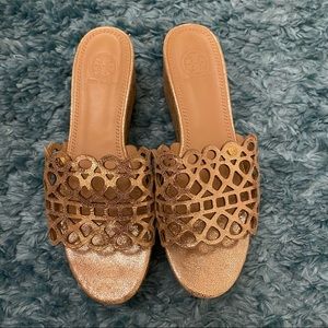 Tory Burch Dunn Platform Slides Sandal Wedges Leather Laser Cut